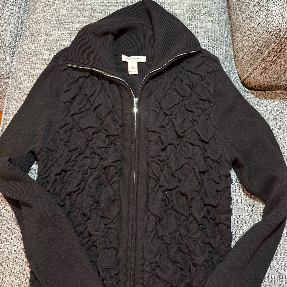 White House Black Market Black Ruffled Front Zip Cardigan